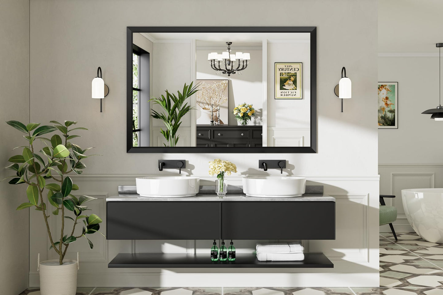Briivue 60x40 Inch Black Bathroom Mirror for Wall, Thick Metal Framed Rectangle Mirrors for Over Sink, Bedroom, Living Room, Entryway, Anti-Rust, HD Tempered Glass