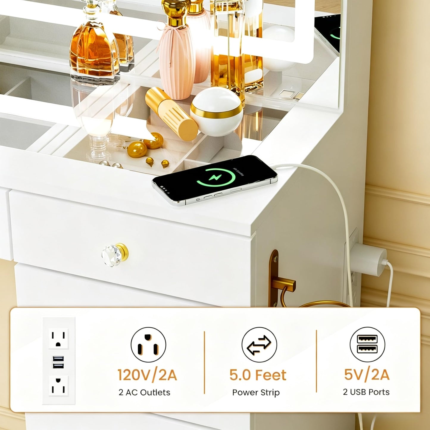 Pamapic Glass Top Makeup Vanity with Crystal Handles, 11 Drawers Vanity Desk with Mirror and Stool, 3 Lighting Modes Dressing Table with Charging Station, White