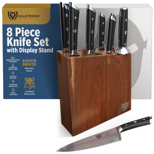 Dalstrong 8-Piece Knife Block Set — German High-Carbon Steel, Full-Tang, Hand-Polished 14–16° Edge — Gladiator Series For First Real Kitchens, New Homeowners & Apartment Cooks — Acacia Block, NSF