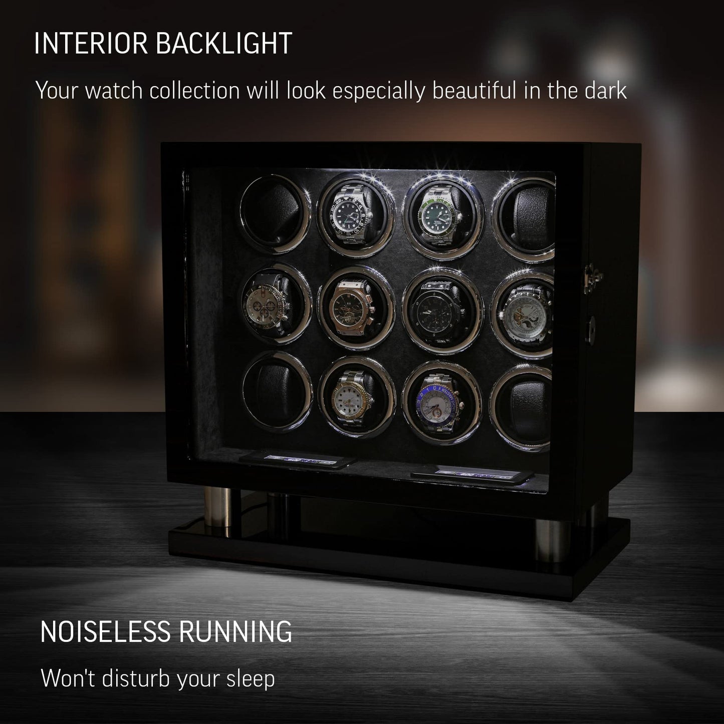 12 Watch Winder for Automatic Watches with LED Light and LCD Touchscreen Control (White)