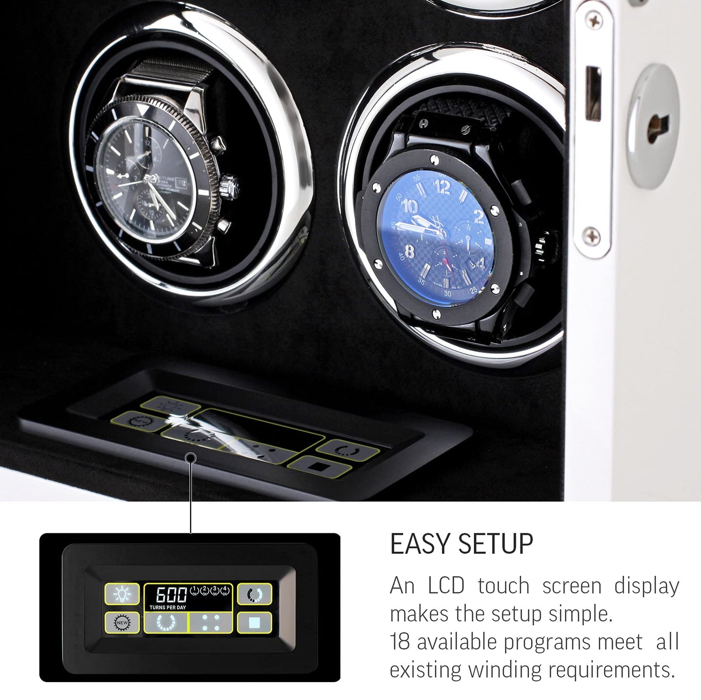 Watch Winder for 4 Watches with LED Backlight, LCD Display and Motor-Stop Option (White & Black)