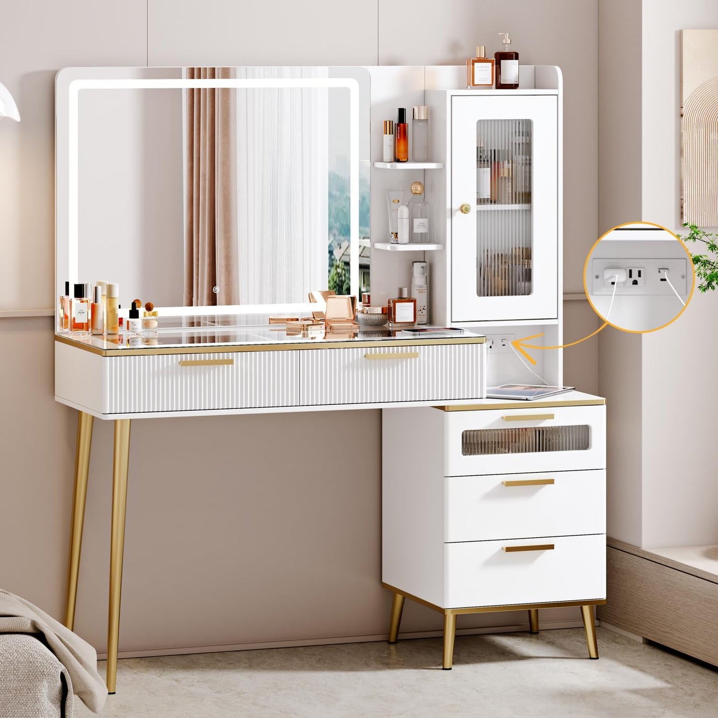 Arulvmrn Vanity Desk with 29.53" HD Lighted Mirror, 47.24" Big Modern Vanity Desk with Mirror and Lights, Makeup Vanity with 5 Drawers and Storage Shelves and Charging Station, White