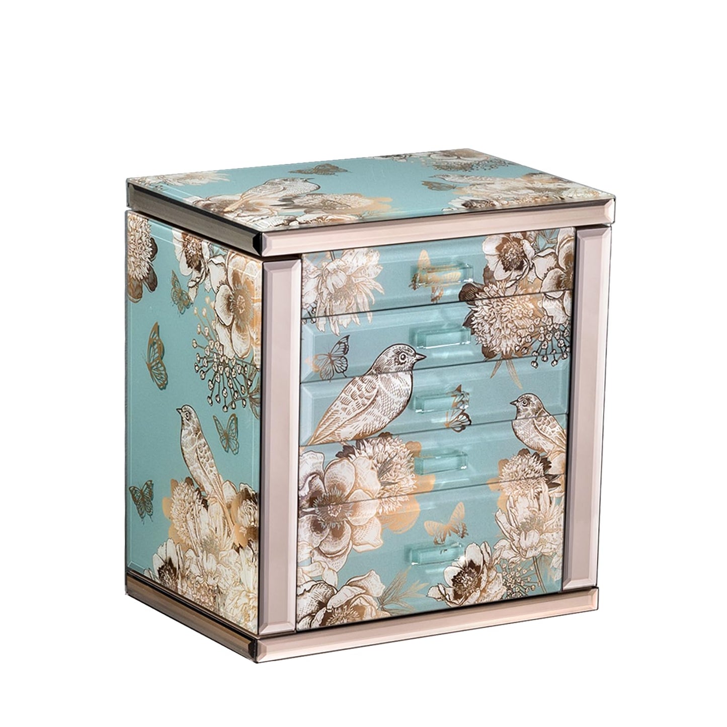 Homruilink High End Glass Jewelry Box, 5 Layer Jewelry Organizer for Women, Side Doors & Mirror, Velvet-Lined Storage for Rings & Necklaces, Ideal Gift (Bird & Floral)