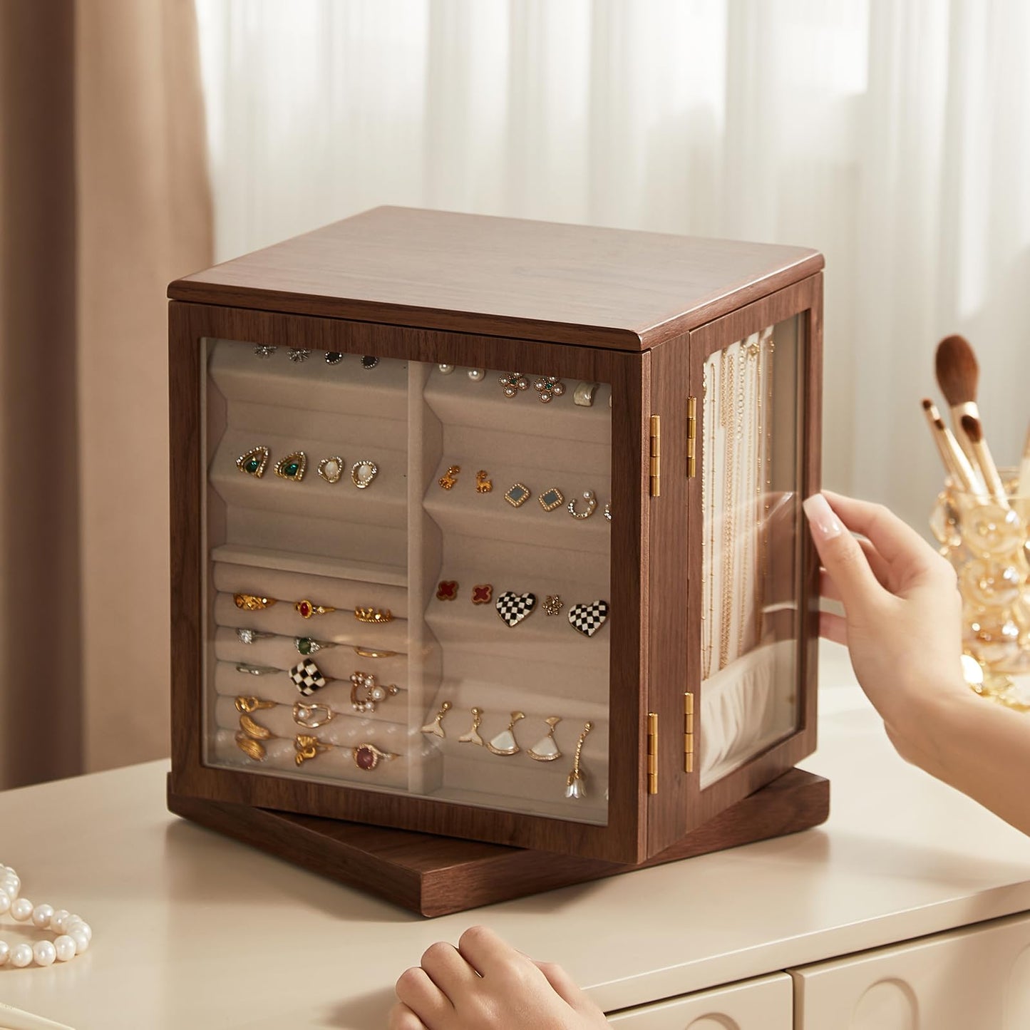 CHOSIN Black Walnut Wooden Jewelry Box, 360° Rotating Organizer with Glass Lid, 5 Drawers for Earrings, Rings, Necklaces – Vertical Jewelry Storage for Women, Ideal Gift for Her