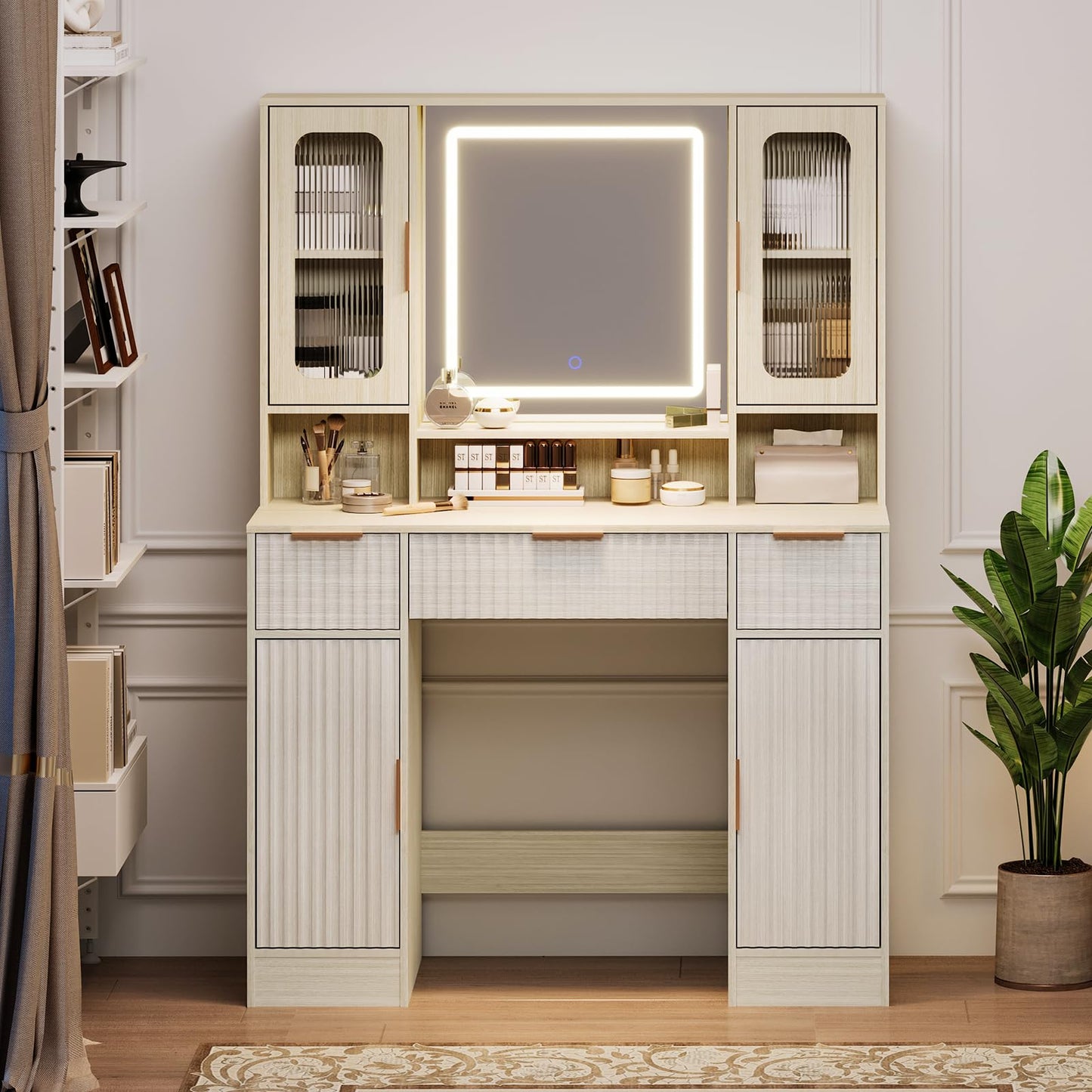 Garvee Vanity Desk with Mirror and Light, Modern Makeup Dressing Table with Adjustable 3 Colors Light, Vanities for Bedroom with 2 Glass Cabinet, 2 Large Cabinet, 3 Drawers & Storage Shelves, Natural