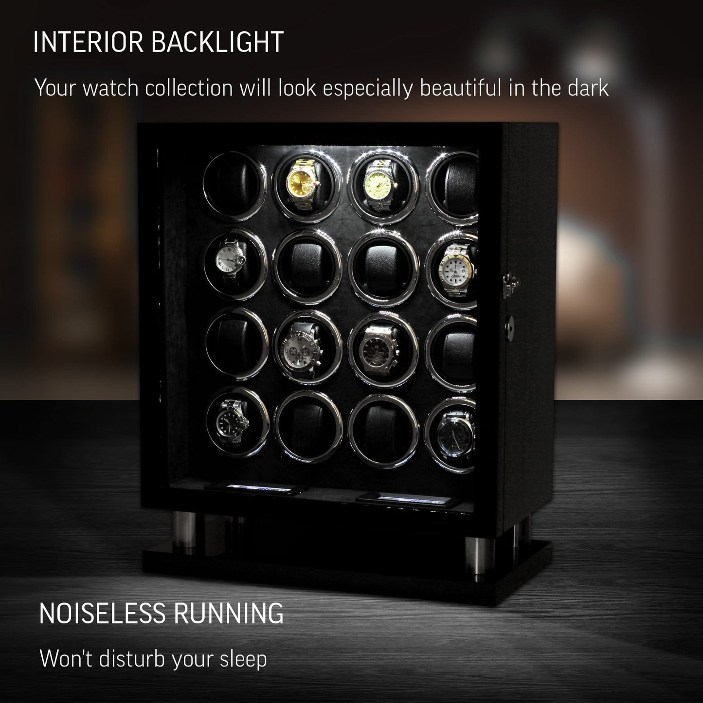 16 Watch Winder for Automatic Watches with LED Light and Coordinated Rotor Stop (Ebony)