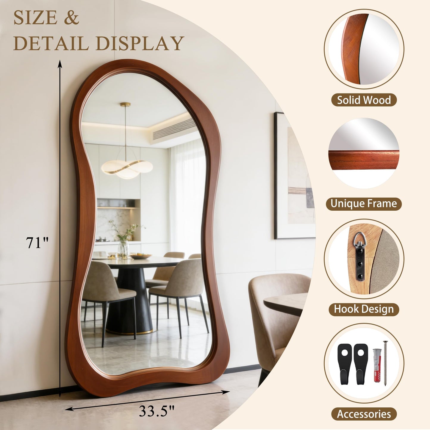 DAOYIJIAJU Irregular Full Length Mirror, 71"x33.5" Premium Oversized Organic Floor Mirror with Solid Wood Frame, Asymmetrical Full Body Mirrors for Living Room Entryway Cloakroom, Leaning/Hanging