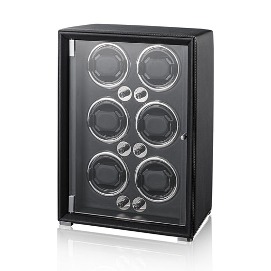 KOHUDIS Watch Winder for 2/4/6/9 Automatic Watches, high-end Leather Making, Super Quiet Mabuchi Motor, Two Power Modes, Built-in led Lights (Black, 6 Slots)