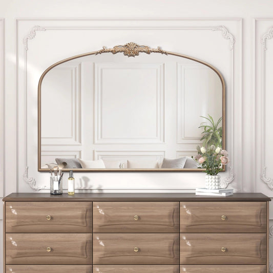 Besdomus Large Arched Vintage Mirror: 48"x33" French Oversize Champagne Gold Antique Wall Mounted Mirror - Baroque Traditional Ornate for Fireplace/Bathroom/Living Room - Home Decor for Housewife
