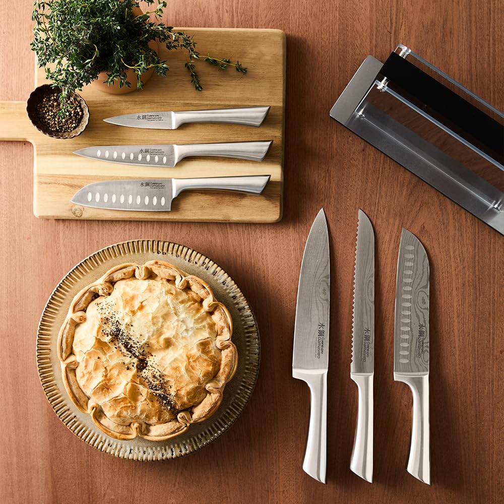 Cuisine::pro Damashiro Knife Block (Kumi, 7-Piece Chef Knife Set) - Japanese Steel Knife - Magnetic Knife Block- Damascus-Inspired Blade Kitchen Knives