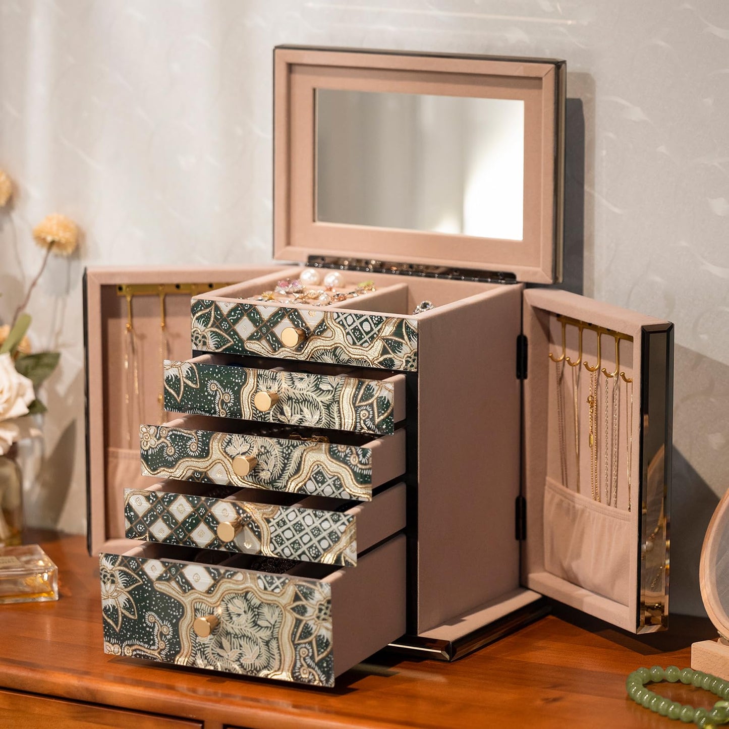 Homruilink High End Glass Jewelry Box, 5 Layer Jewelry Organizer for Women, Side Doors & Mirror, Velvet-Lined Storage for Rings & Necklaces, Ideal Gift (Emerald)