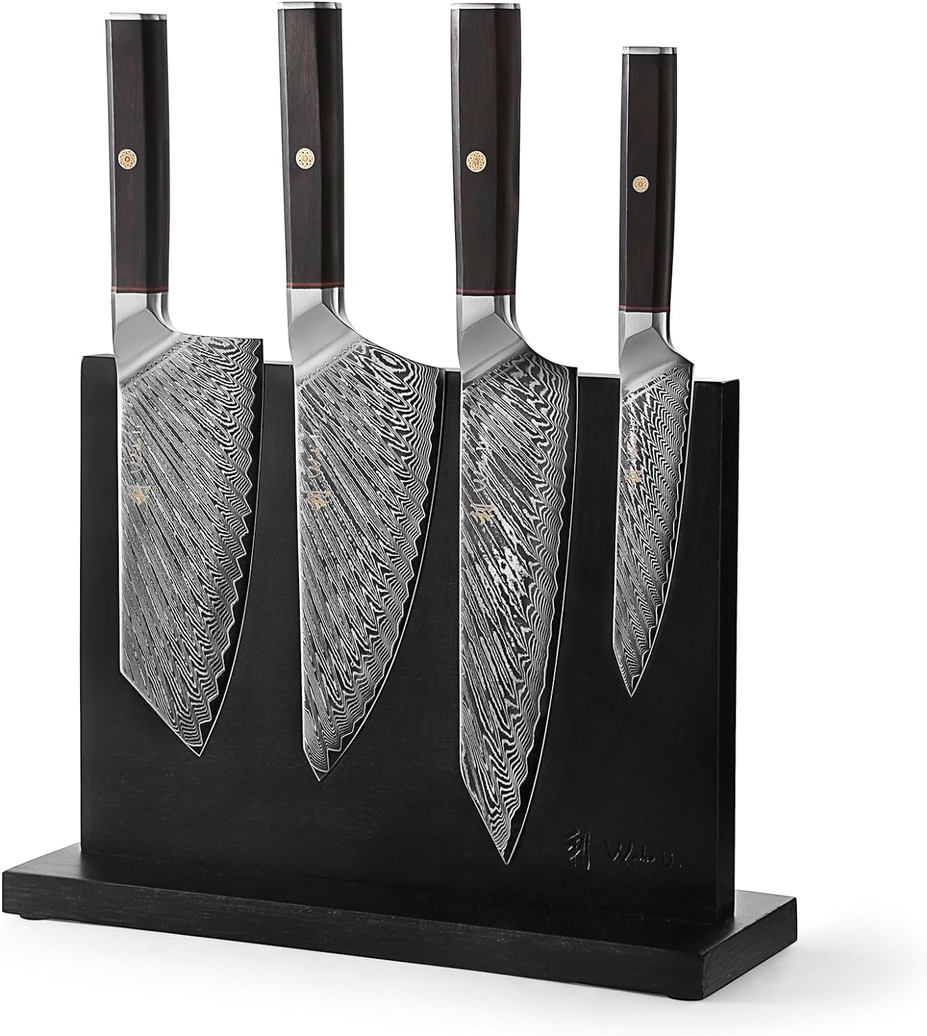 Wakoli Culinary Asia Damascus 4-Piece Knife Block Set with Magnetic Block – Professional Kitchen Knives made of 67-Layer Damascus Steel Blades & VG10 Core – Ergonomic Dark Oak Wood Handles in Gift Box