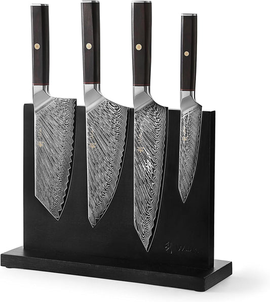 Wakoli Culinary Asia Damascus 4-Piece Knife Block Set with Magnetic Block – Professional Kitchen Knives made of 67-Layer Damascus Steel Blades & VG10 Core – Ergonomic Dark Oak Wood Handles in Gift Box