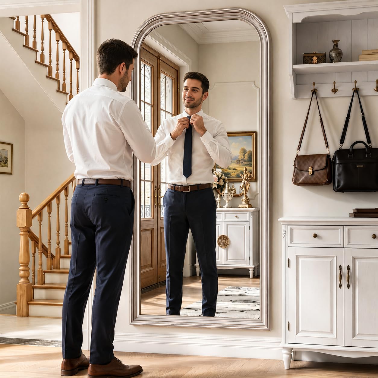 FlyEcho Full Length Mirror with Stand, 71"x32" Full Body Mirror, Floor Length Mirrors Wall Mounted with Rounded Top, Large Standing Mirrors, PU Frame, for Bedroom Living Room Cloakroom, Antique Sliver