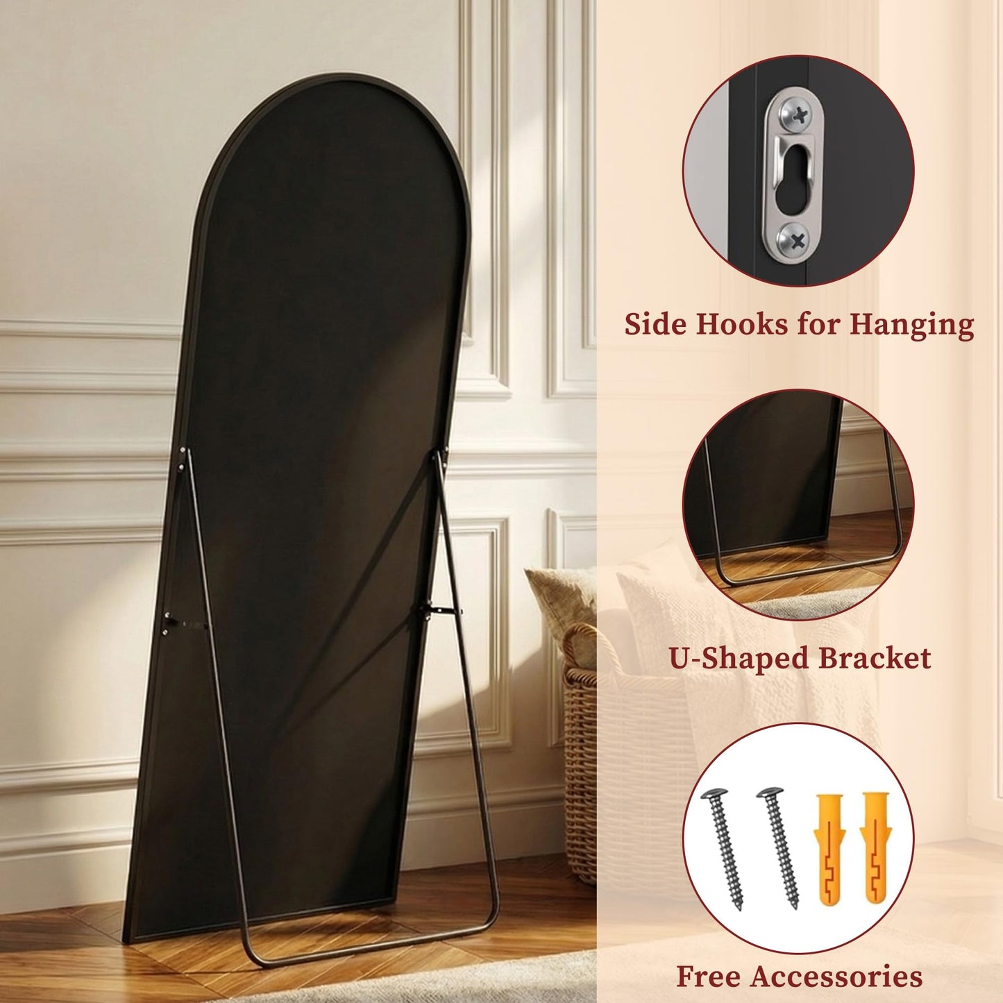 Suidia 86"x46" Arched Full Length Mirror with Stand, Full Body Mirror with Aluminum Frame, Freestanding/Leaning/Wall-Mounted, Floor Mirrors for Bedroom, Living Room, Entryway, Dressing Room, Black