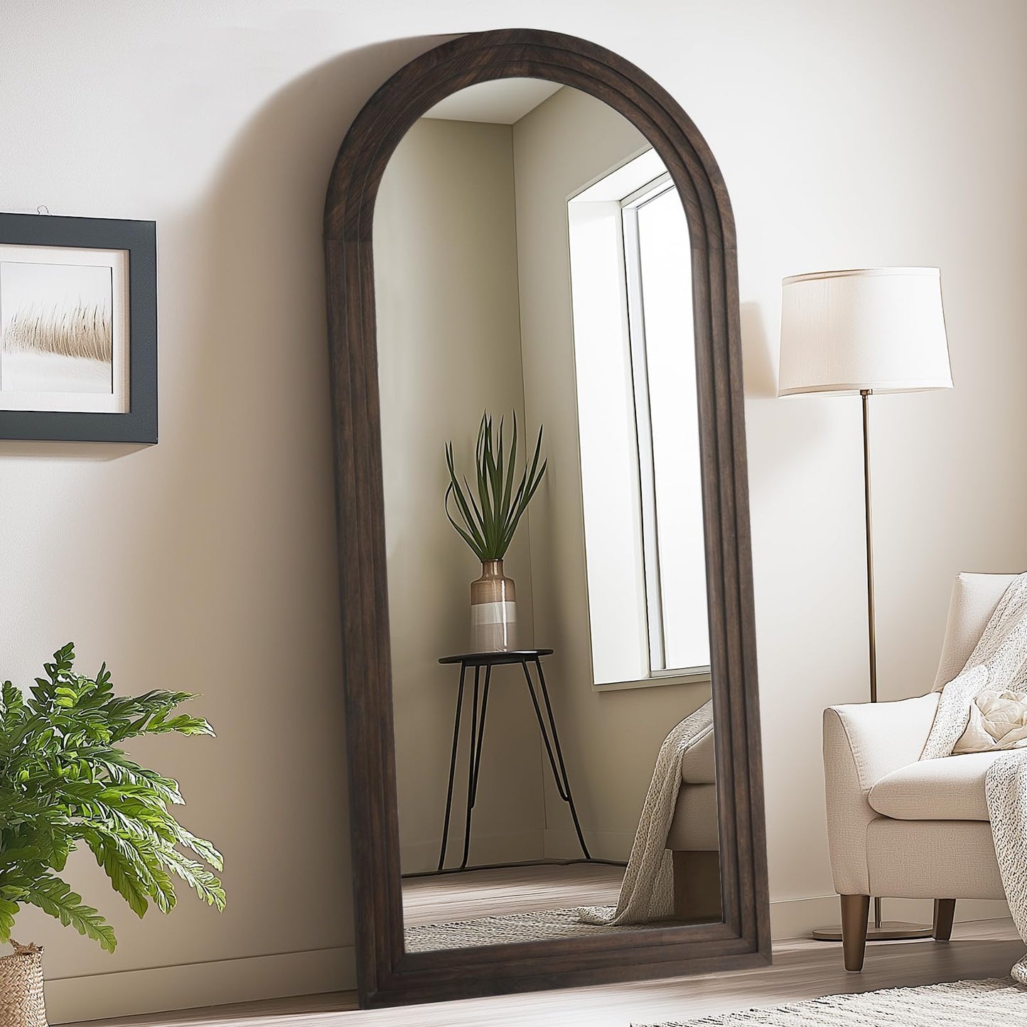 MELOMOIR Arched Full Length Mirror with Solid Wood Frame, 71"x32" Rustic Farmhouse Large Floor Mirror with Stand, Free Standing Leaning Hanging, for Bedroom Living Room Dressing Room Entryway, Brown