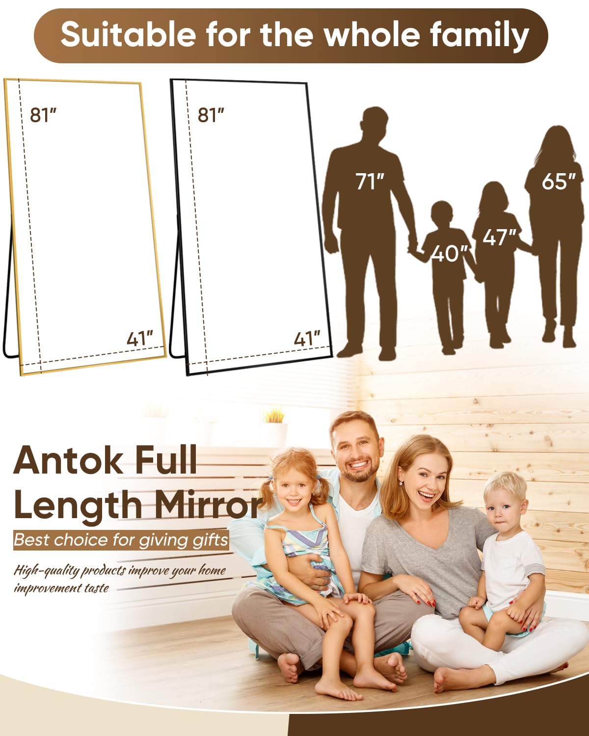 Antok Full Length Mirror, 81"x41" Floor Mirror, Floor Standing Freestanding Full Body Mirror with Stand for Bedroom, Hanging Mounted for Living Room Cloakroom, Black