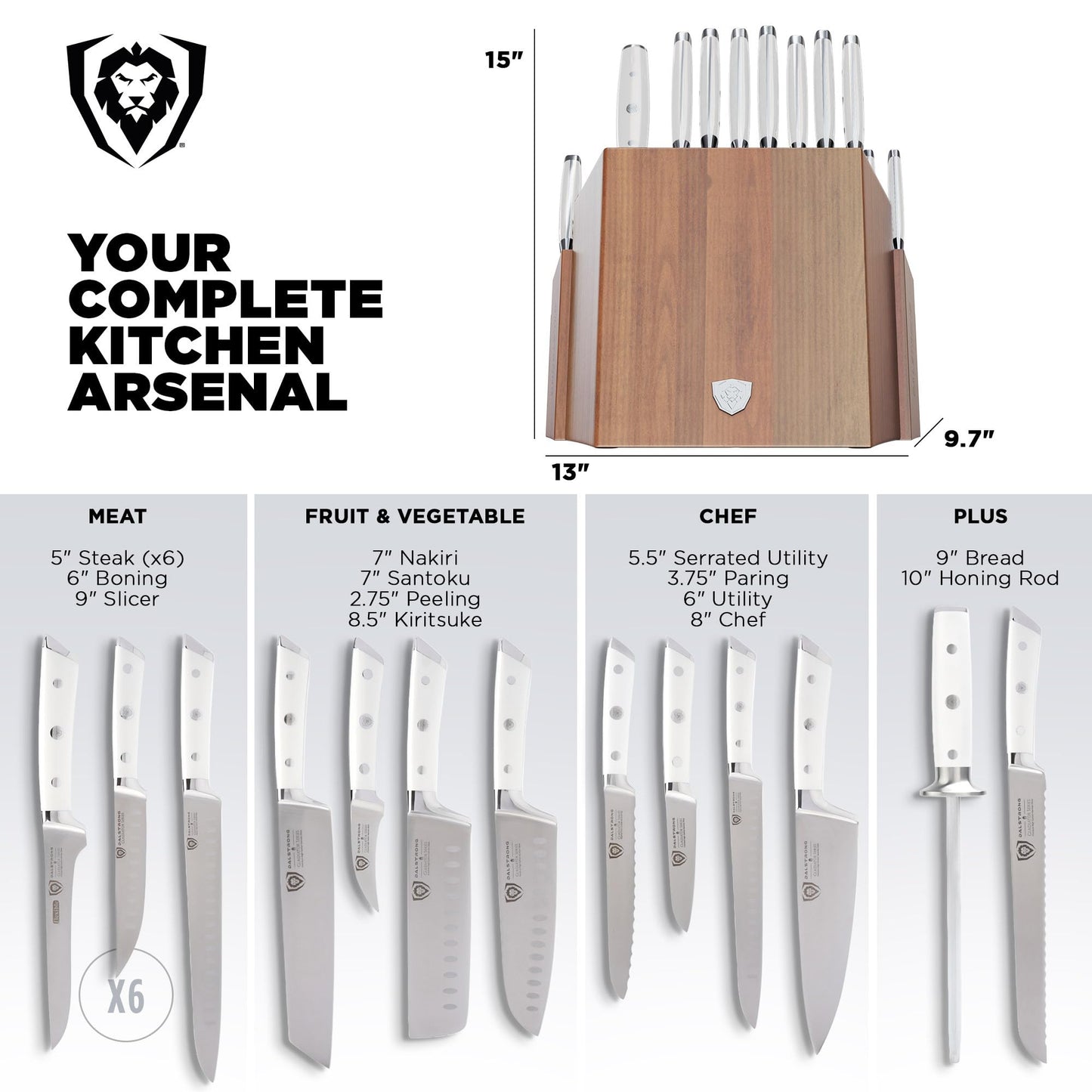 Dalstrong 18-Piece Gladiator Colossal Knife Block Set (White Handles) — German High-Carbon Steel, Full-Tang, Hand-Sharpened — For Home Chefs, Wedding Registries & Serious Kitchens — Acacia Block, NSF