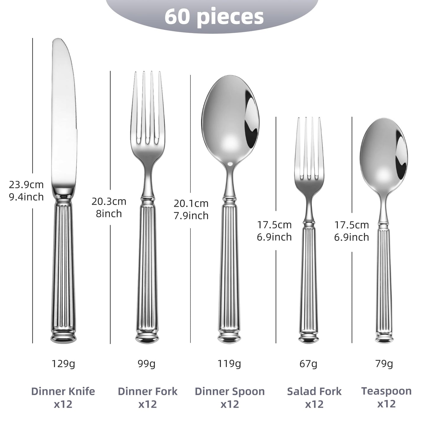 60-Piece 18/10 Heavy Duty Flatware Set for 12, High End Thick Handle Silverware Set, Luxury Forged Design, Dishwasher Safe