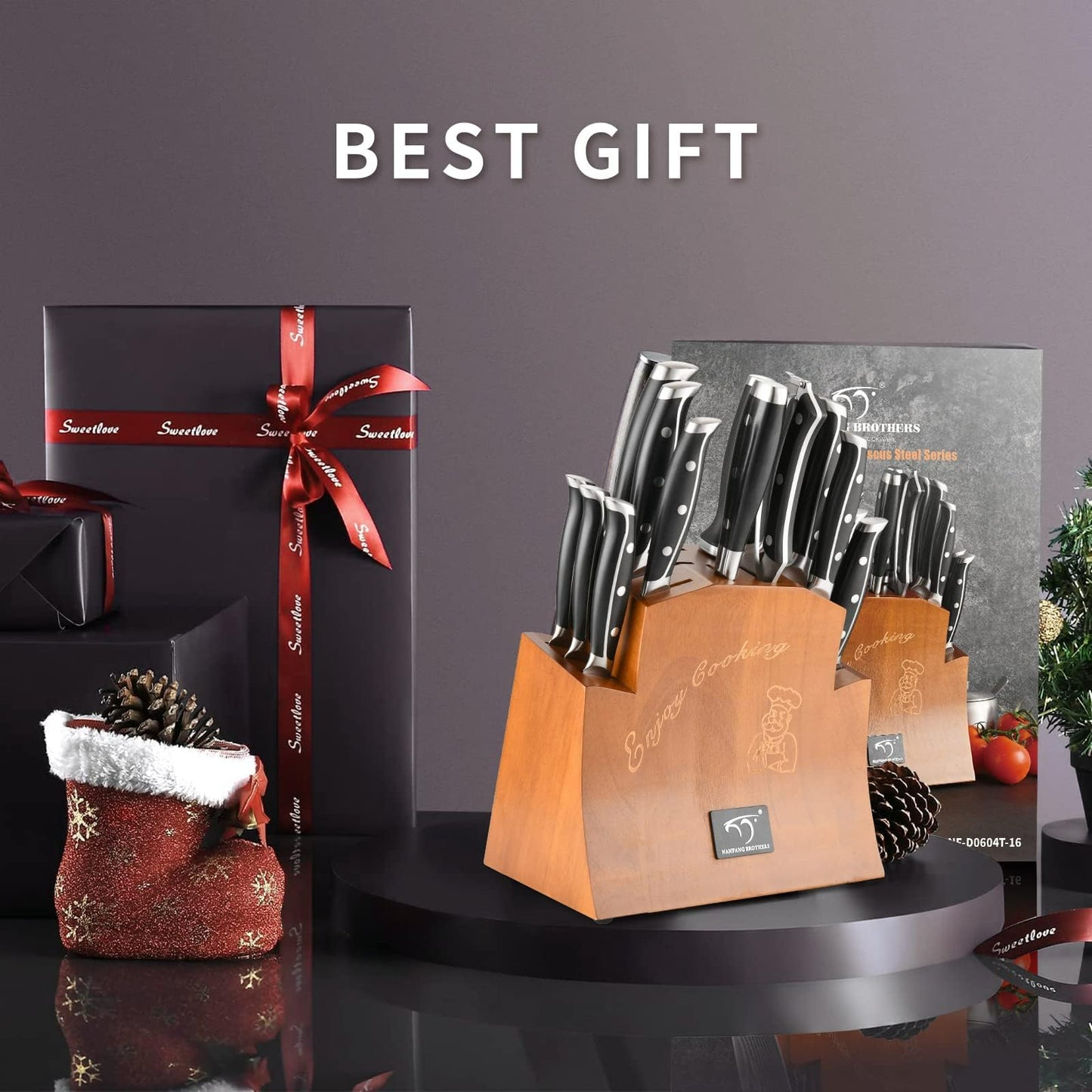 16-Piece Damascus Knife Set with Block, VG10 67-Layer Damascus Steel Kitchen Knife Set with Triple-Rivet Handles, 6 Steak Knives, Meat Fork, Sharpener & Scissors, Natural Wood