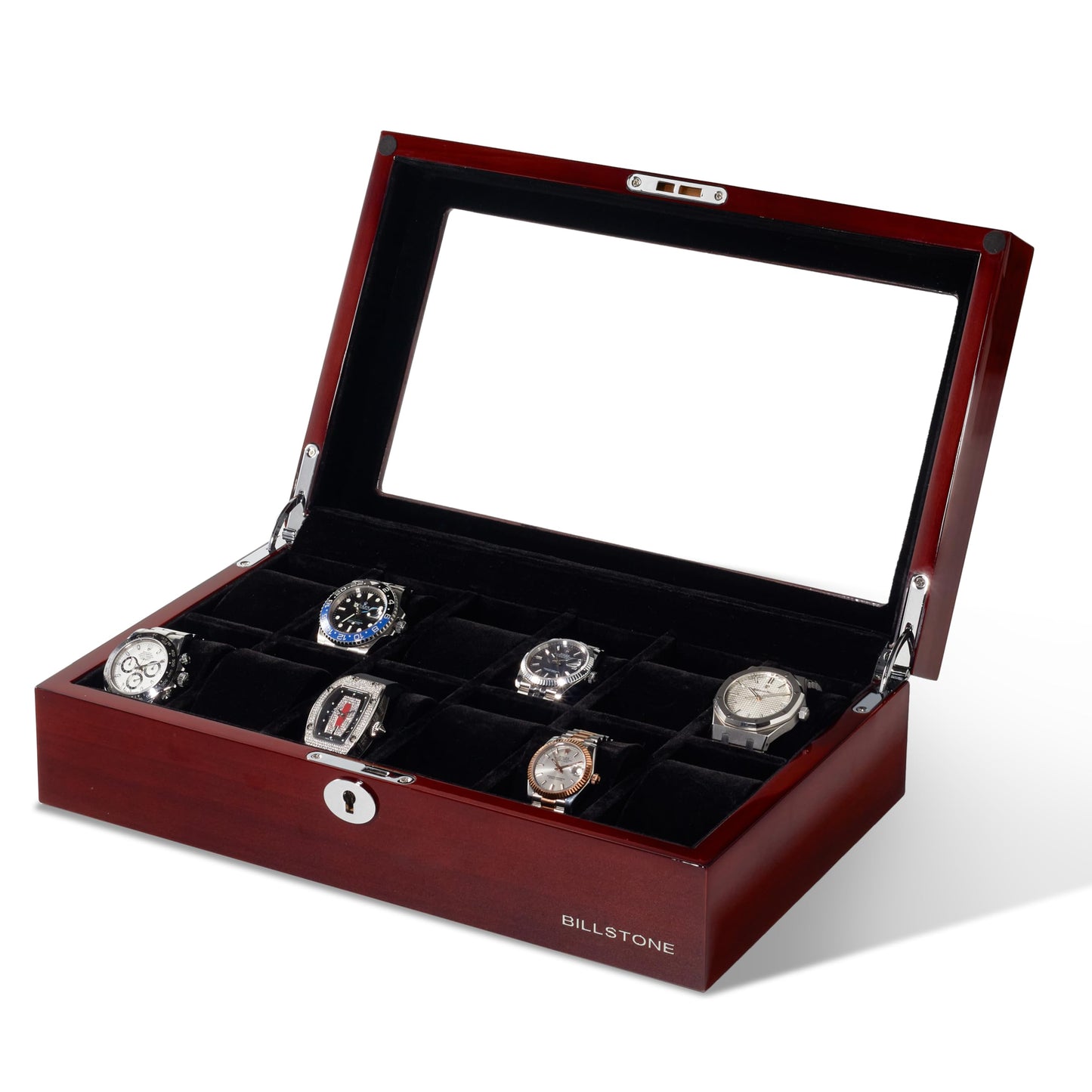 BILLSTONE Heritage 12 Wooden Watch Box – 12 Slot Watch Organizer, High-Polish Bubinga Wood with Black Velvet Interior
