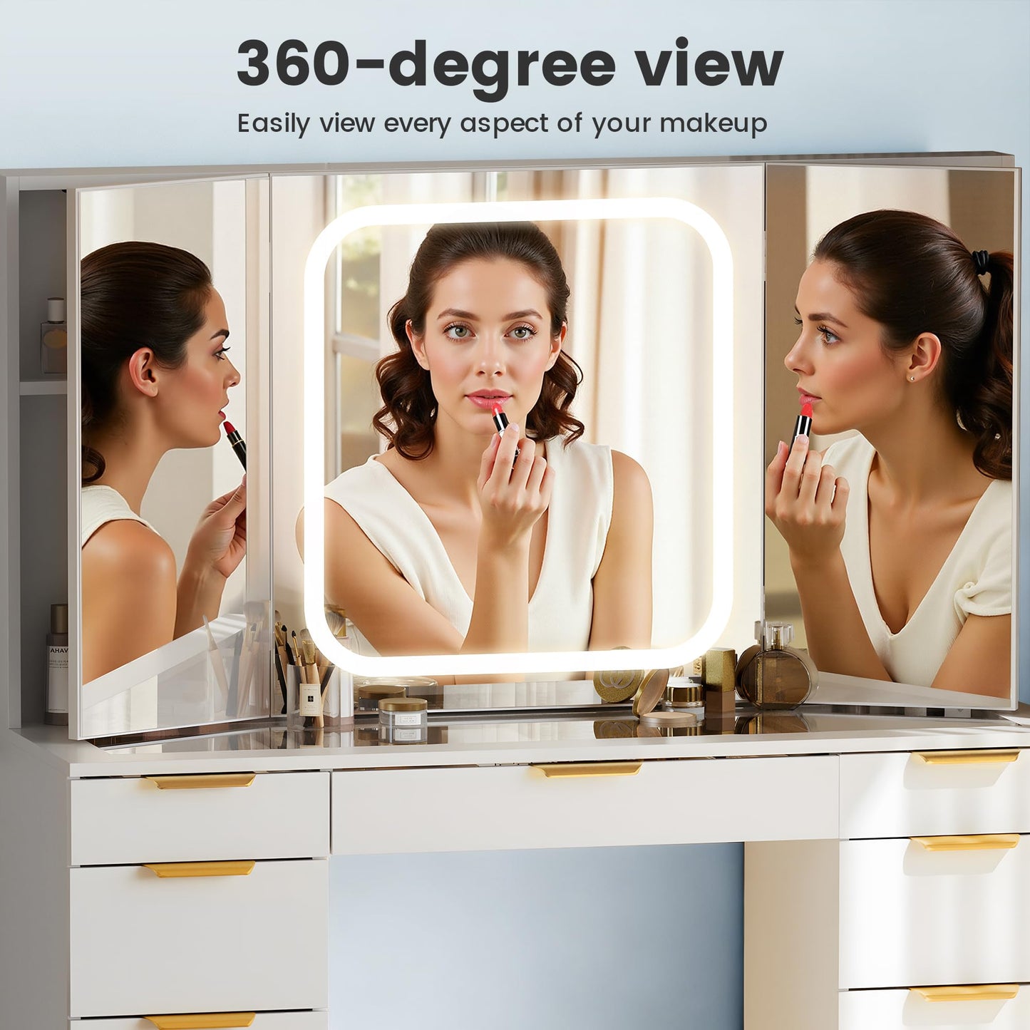 Fkhouse Glass Top Vanity Desk with Foldable Mirror and Lights, 11 Drawers Makeup Vanity with Charging Station, 3 Lighting Modes Dressing Table with Chair, White