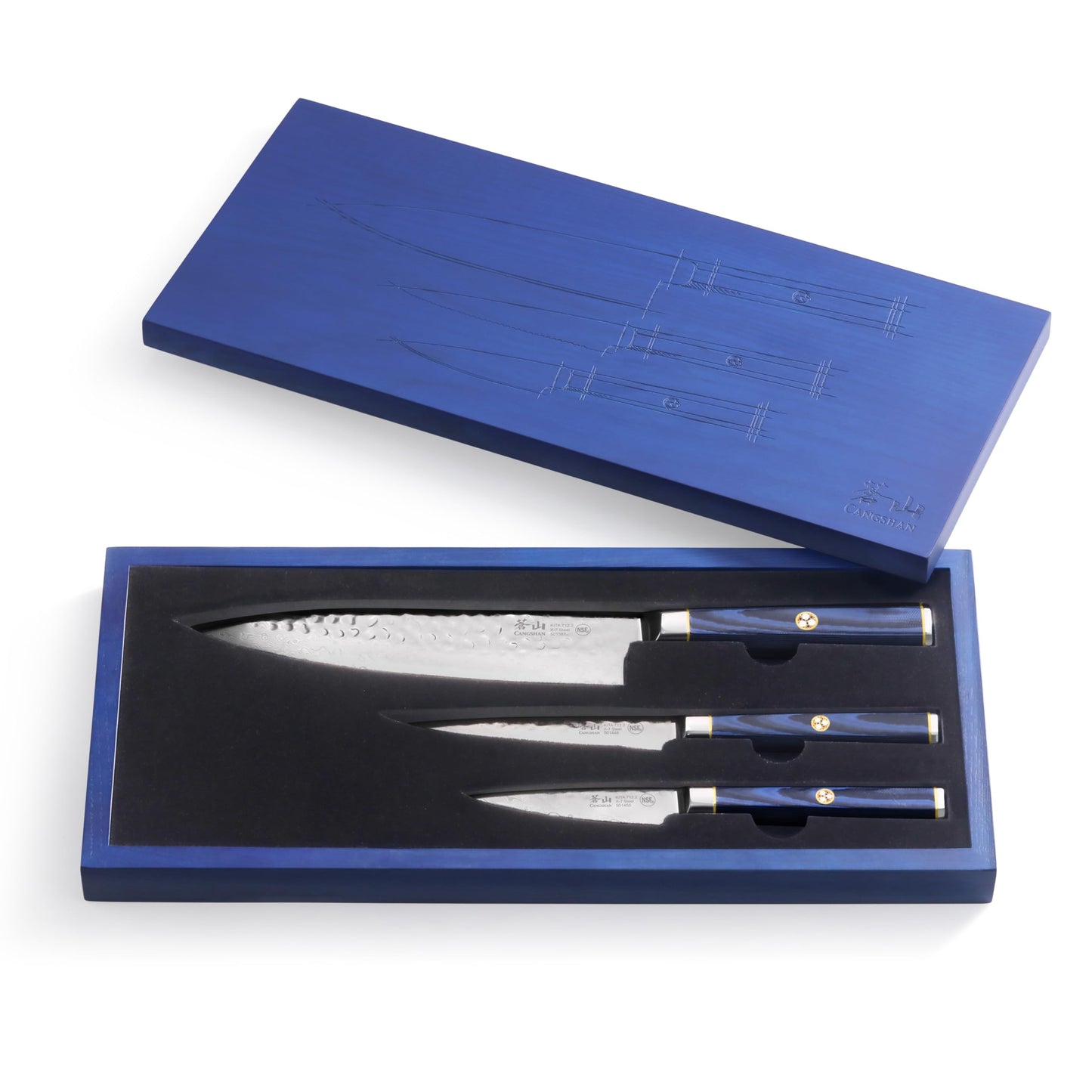 Cangshan KITA Series 3-Piece Starter Knife Set (8" Chef + Serr. Utility + 3.5" Paring) High Carbon X-7 Damascus Steel Blades with Ash Wood Box, 501530 (3pc)