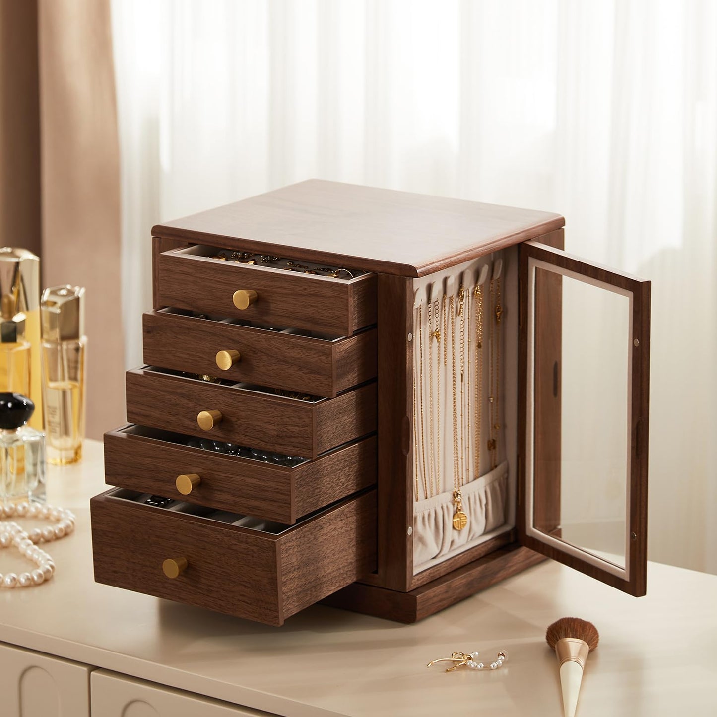 Homruilink Black Walnut Wooden Jewelry Box - 360° Rotating Jewelry Organizer for Women with 5 Drawers for Rings,Necklaces,Earrings and Bracelets -Large Storage Case - Ideal Gift