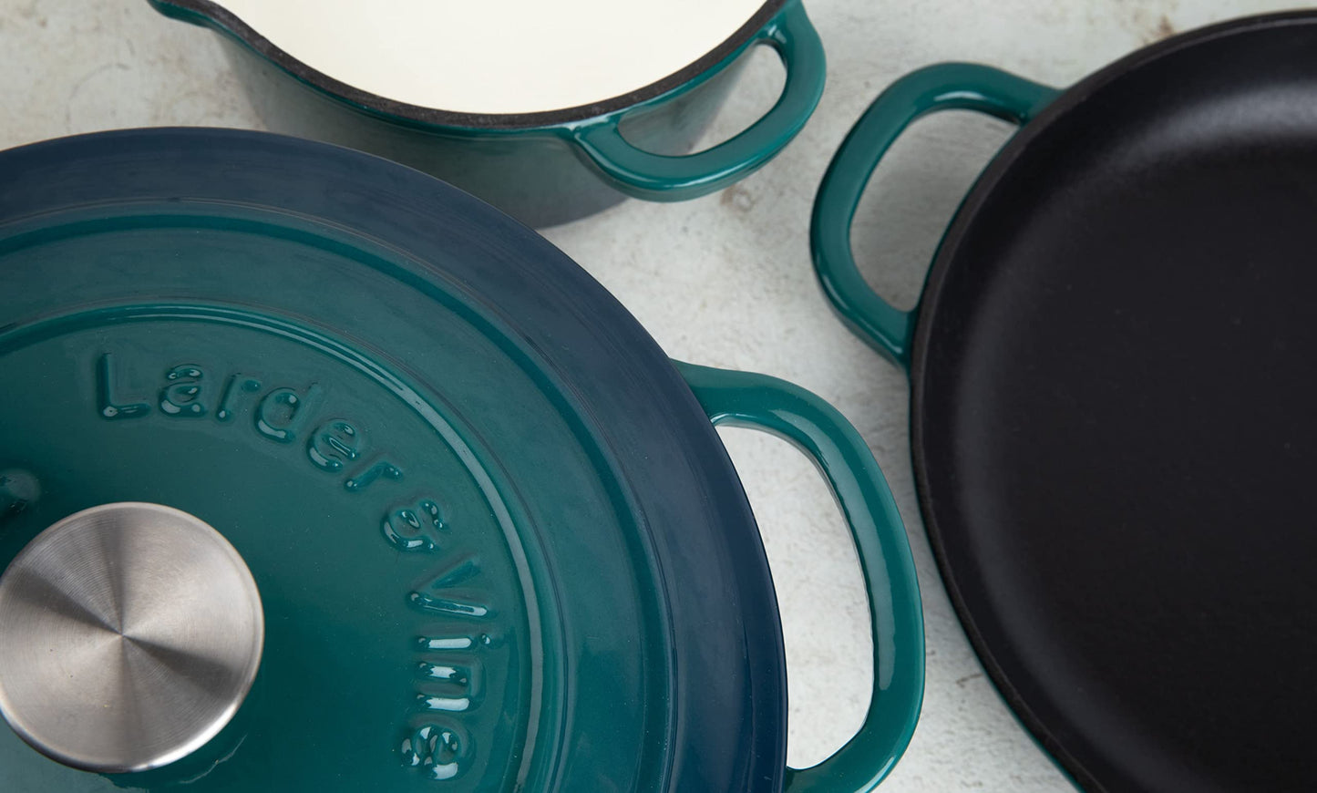 Larder & Vine 5-Piece Enameled Cast Iron Cookware Set - Includes 5.7 Quart Dutch Oven with Lid, 10.25 Inch Skillet, 2.2 Quart Saucepan with Lid (Bondi)