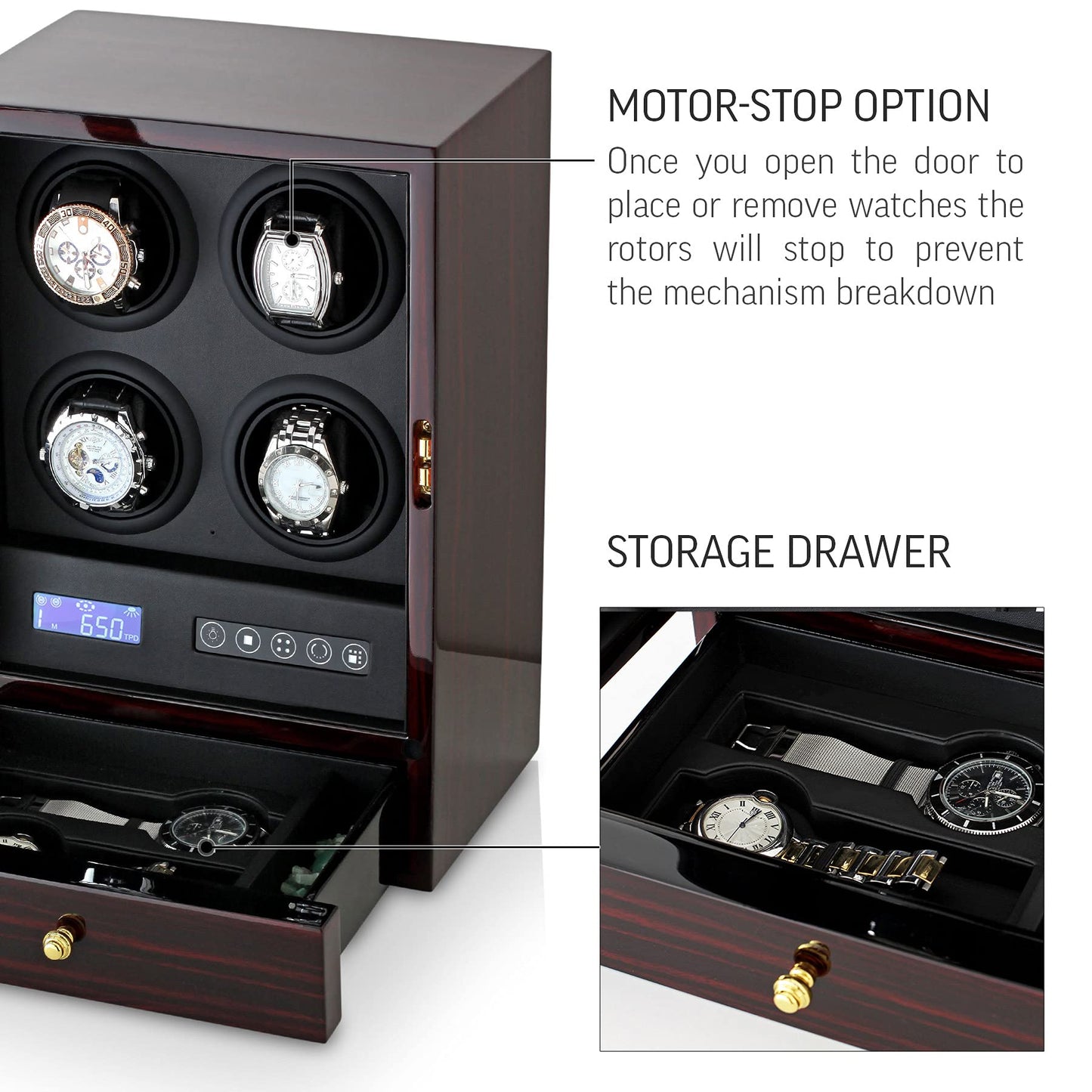 Automatic Watch Winder with LED Light, Storage Drawer and LCD Touchscreen Control (Ebony)