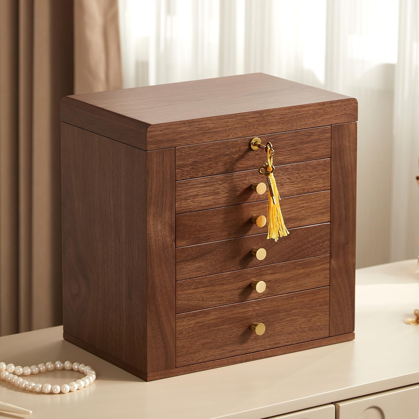 CHOSIN Black Walnut Wooden Jewelry Box, 6-Layer Lockable Wood Jewelry Organizer with Mirror, Side Doors & Brass Handle, Classical Design for Rings, Necklaces, Earrings, Ideal Gift for Her