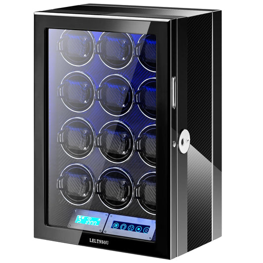 LELTNSOU Watch Winder for 12 Winding Spaces Automatic Watches, Ultra-Quiet Japanese Motors, Built-in LED Illumination and LCD Touchscreen Control