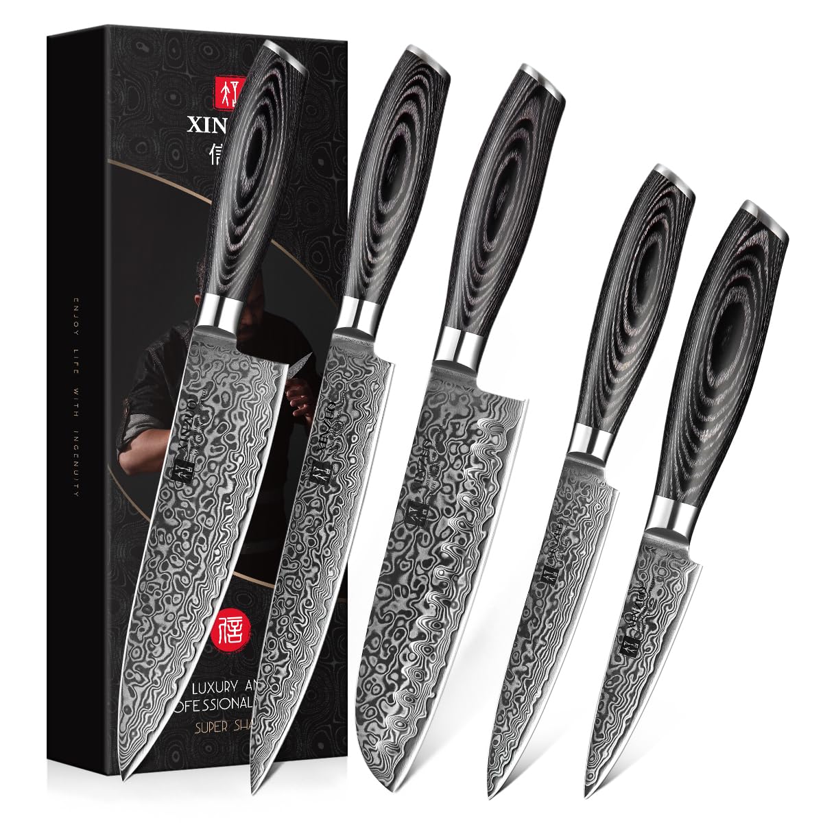 XINZUO 5-Piece Kitchen Knife,Super Sharp Damascus Steel Professional Chef Knife Set with Pakkawood Handle, Gift Box