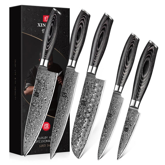 XINZUO 5-Piece Kitchen Knife,Super Sharp Damascus Steel Professional Chef Knife Set with Pakkawood Handle, Gift Box