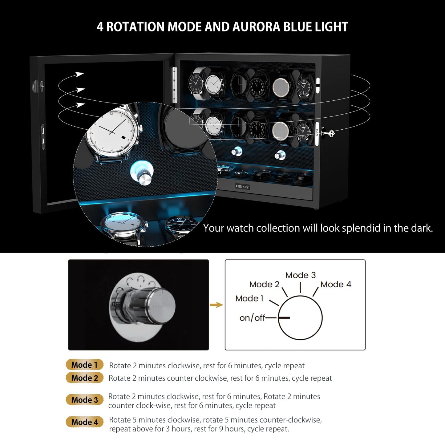 XTELARY Watch Winder for 12 Automatic Watches, Black Lockable Automatic Winders with Extra 6 Watch Storages, 4 Rotation Modes, Flexible Watch Pillows, Quiet Mabuchi Motor, and Blue Backlight