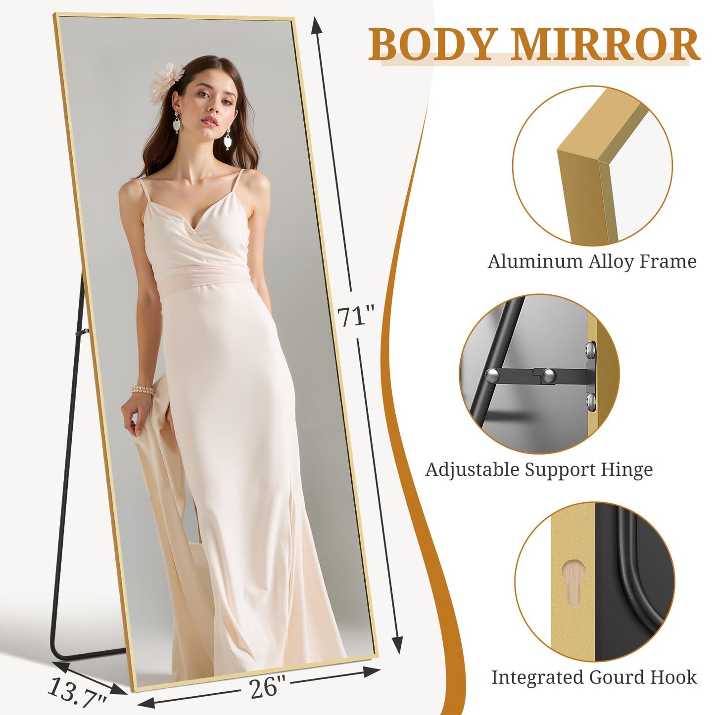 Accver Full Length Mirror 71"x26" Full Body Mirror Rectangle Free Standing Wall Mounted Leaning Floor Mirrors with Stand Aluminum Alloy Frame for Bedroom Cloakroom, Gold