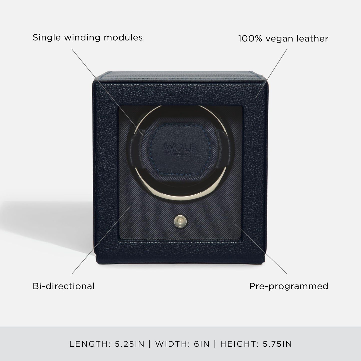 Wolf Cub Single Watch Winder with Glass Cover, Navy - Secure Fit with Patented Lock-in Dynamic Cuff - Accommodates All Wrist Sizes - Vegan Leather - Includes Universal Adapter