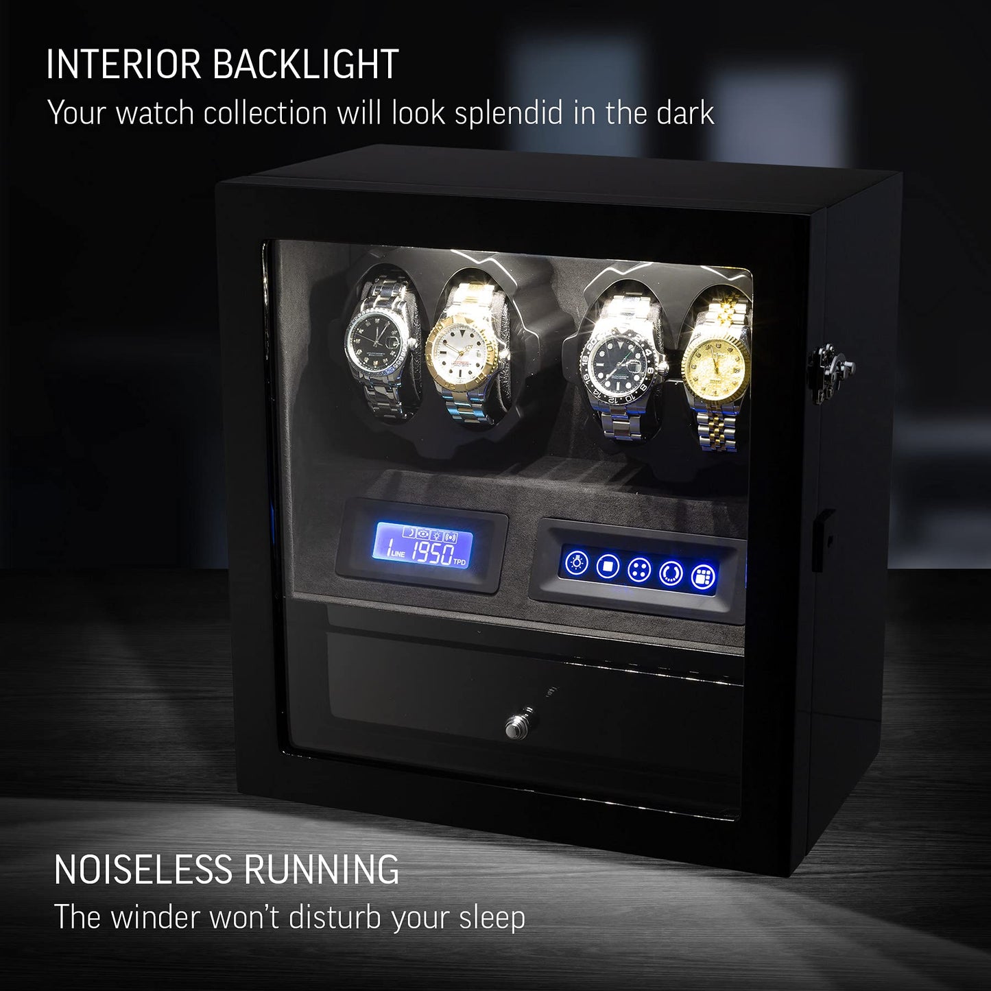 4 Watch Winder with 5 Watch Storage Space, LCD Display, Touch Control and Interior Light (Black + Black Velvet)