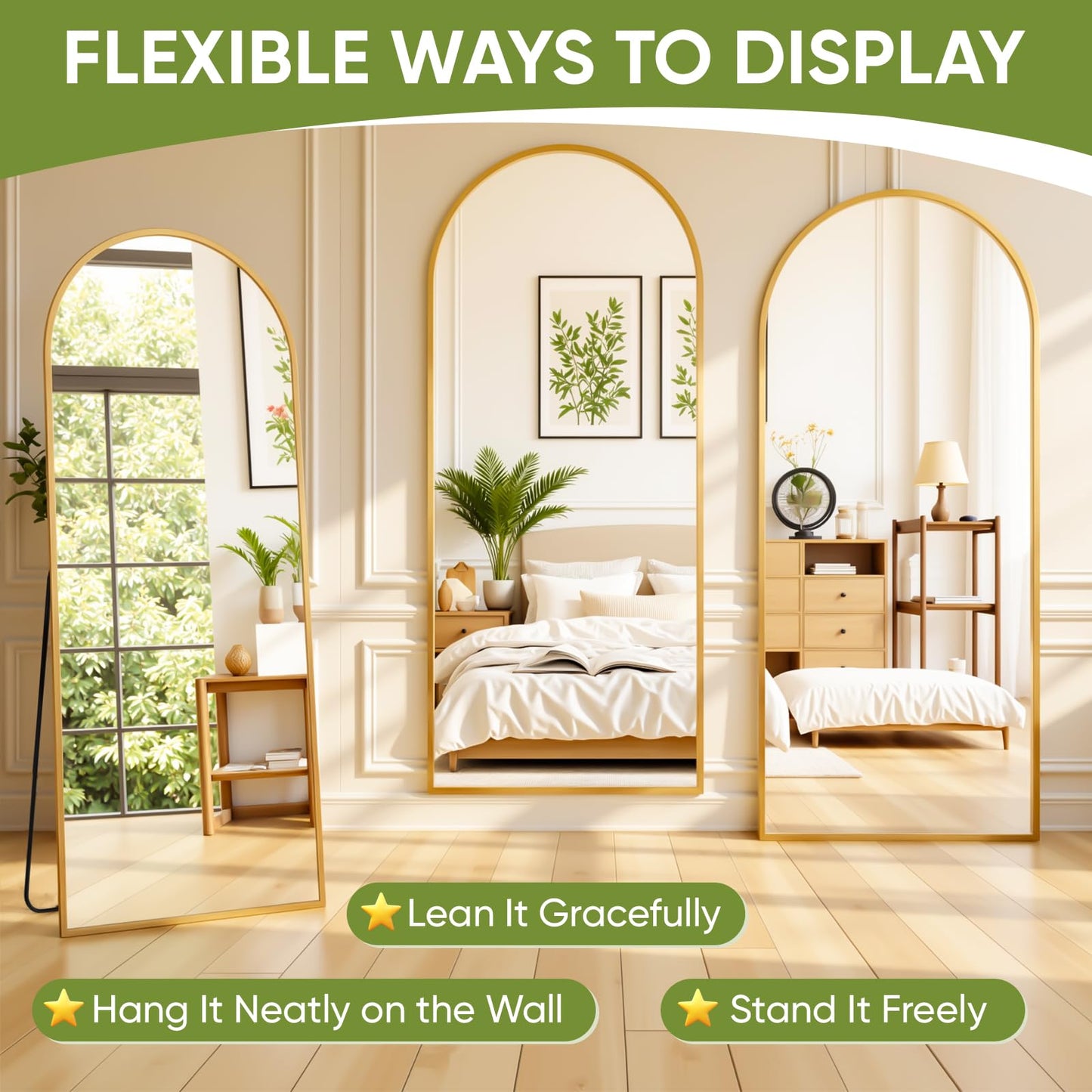 Coomily Full-Length Floor Mirror with Stand, 82"x44" Arched Style Full Body Standing Mirror for Bedroom, Living Room, Gym, Dorm - Shatter-Resistant & Easy Assembly, Gold