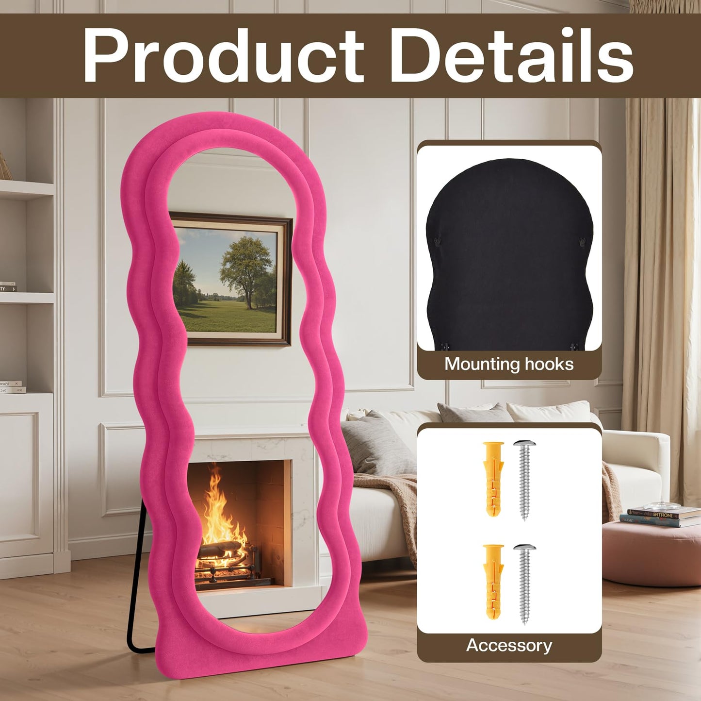 Anpark Full Length Mirror 71"x30" Irregular Wavy Full Body Wall Mounted Floor Mirror with Stand Hot Pink Flannel Frame Leaning Hanging Wall for Bedroom Entrance Hallway