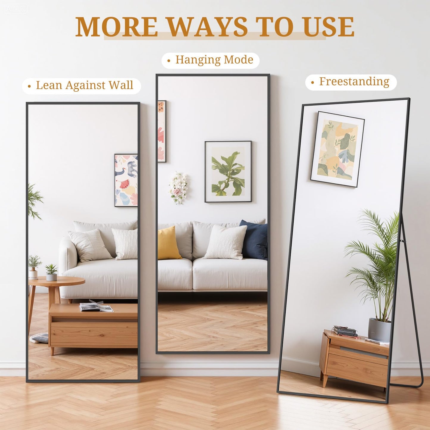 Accver Full Length Mirror 71"x26" Full Body Mirror Rectangle Free Standing Wall Mounted Leaning Floor Mirrors with Stand Aluminum Alloy Frame for Bedroom Cloakroom, Black