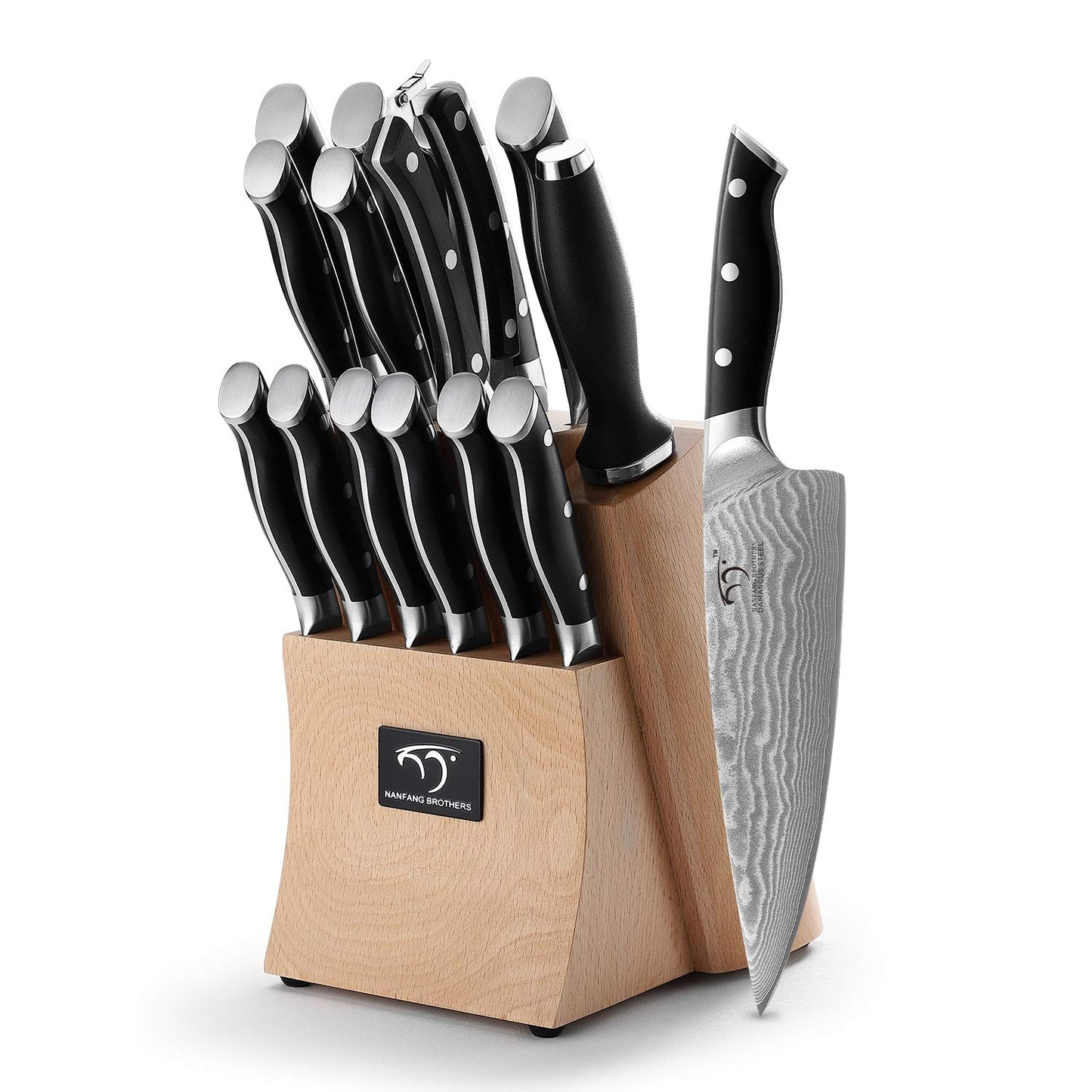 NANFANG BROTHERS 15-Piece Damascus Kitchen Knife Sets with Japanese 67-Layer Damascus Steel, ABS Ergonomic Handle for Chef Knife Set, Ultra Sharp Knife Set with Sharpener, Beechwood Block