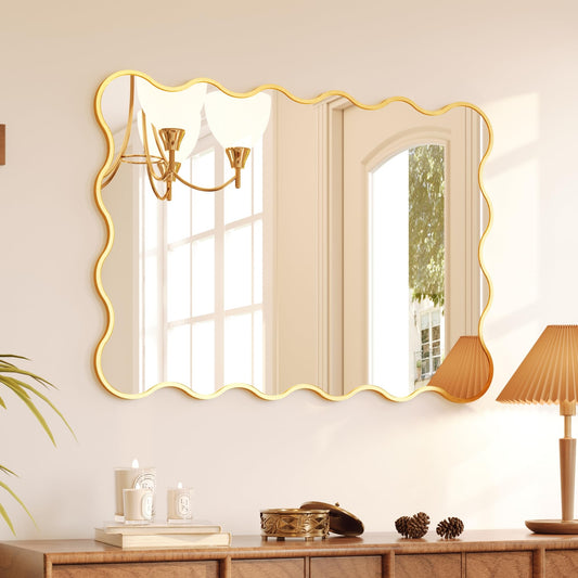 Kelly Miller 30x40 Inch Gold Scalloped Mirror, Large Rectangular Wavy Edge Bathroom Vanity Wall Mirror Decorative for Bedroom Living Room Entryway Fireplace Mantle