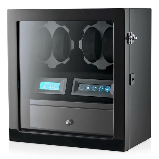 4 Watch Winder with 5 Watch Storage Space, LCD Display, Touch Control and Interior Light (Black + Black Velvet)