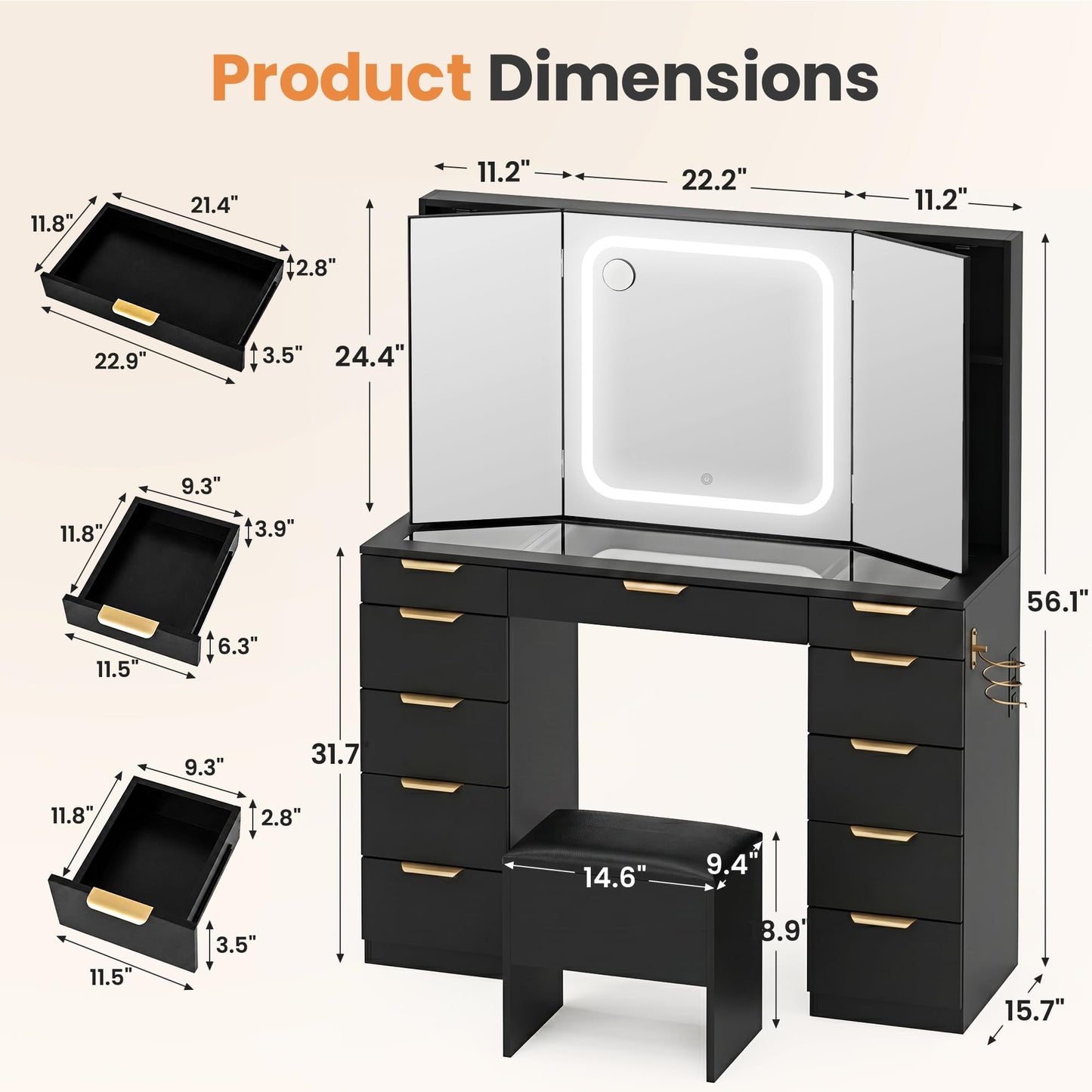Fkhouse Glass Top Vanity Desk with Foldable Mirror and Lights, 11 Drawers Makeup Vanity with Charging Station, 3 Lighting Modes Dressing Table with Chair, Black