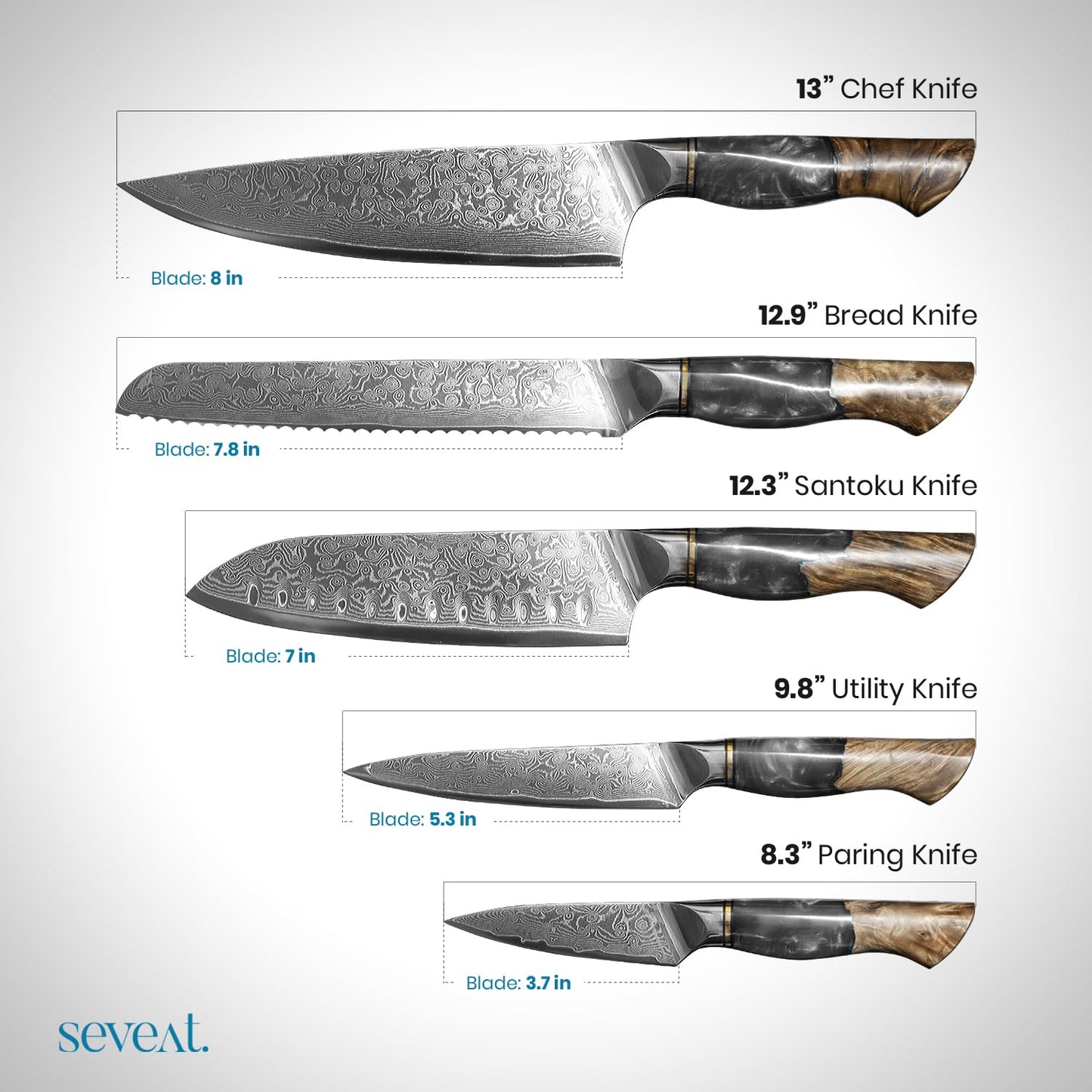 Seveat Damascus Kitchen Knife Set | 67-Layer Damascus Steel | Professional Japanese Chef Knife Set | Ergonomic Wood & Resin Handle | Gift Box Included (Black, 5-Piece Set)