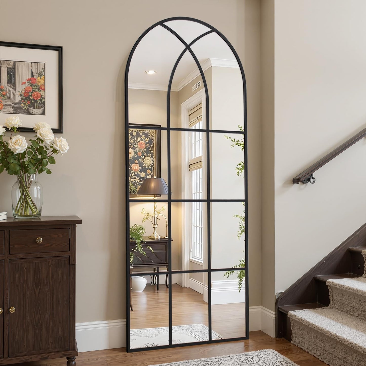 Arched Window pane Full Length Mirror 30"x71", Full Body Standing Mirror, Window Shaped Farmhouse Style with Aluminum Frame, Decor Wall Mirrors for Living Room, Courtyard, Bedroom, Entryway, Black