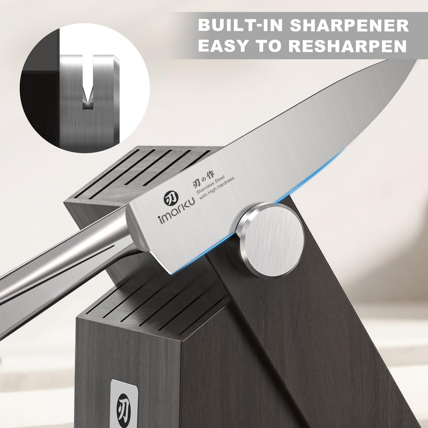 imarku Japanese High Carbon Stainless Steel Knife Set with Block, Precision-Forged Gyutou Kitchen Knives with Built-in Sharpener, Ultra-Sharp 10–15° Edge, Ergonomic Non-Slip Handle, Dishwasher Safe