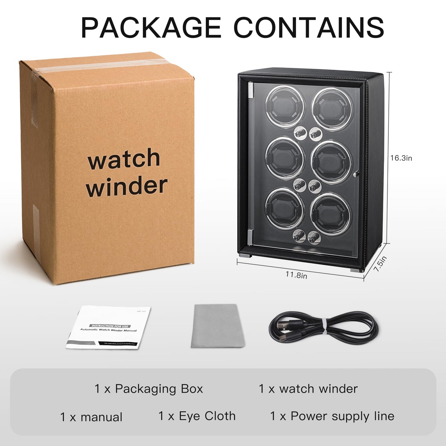 KOHUDIS Watch Winder for 2/4/6/9 Automatic Watches, high-end Leather Making, Super Quiet Mabuchi Motor, Two Power Modes, Built-in led Lights (Black, 6 Slots)