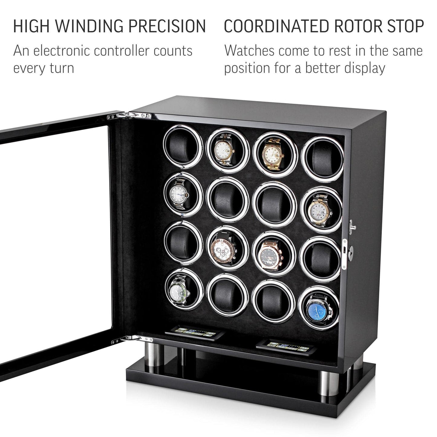Watch Winder for 16 Automatic Watches with LED Light and LCD Touchscreen Control (Black + Black)